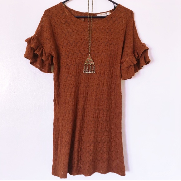 70s Style Ruffle Sleeve Rust Brown Mini Dress - Picture 1 of 7